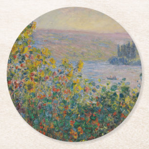 Flower Beds at Vétheuil, Impressionist Landscape Round Paper Coaster