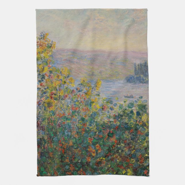 Flower Beds at Vétheuil, Impressionist Landscape Tea Towel (Vertical)