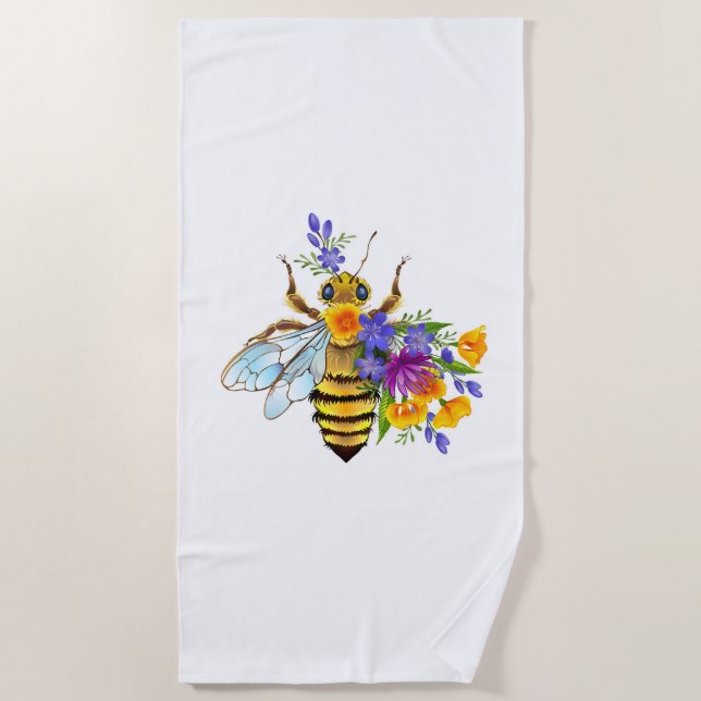 Flower bee with wild plants beach towel (Front)