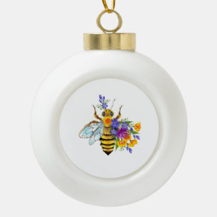 Flower bee with wild plants ceramic ball christmas ornament