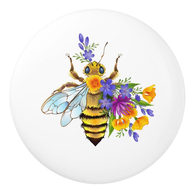 Flower bee with wild plants ceramic knob (Front)