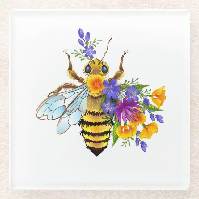 Flower bee with wild plants glass coaster (Front)