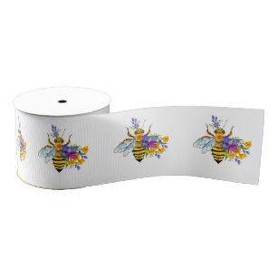 Flower bee with wild plants grosgrain ribbon