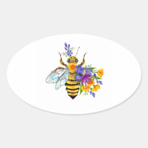 Flower bee with wild plants oval sticker
