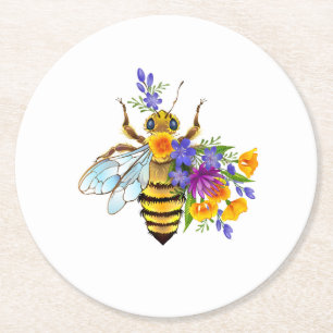Flower bee with wild plants round paper coaster