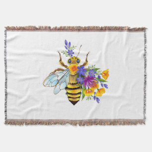 Flower bee with wild plants throw blanket