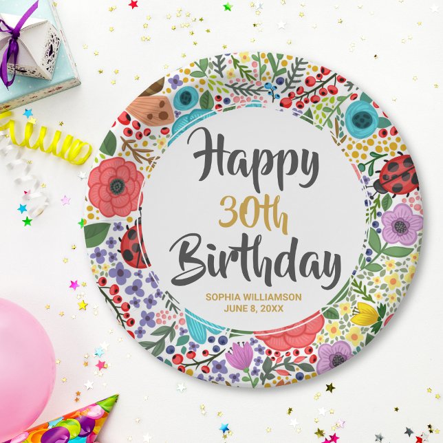 Flower Birthday Party Any Age Name Gold Custom Paper Plate (Creator Uploaded)