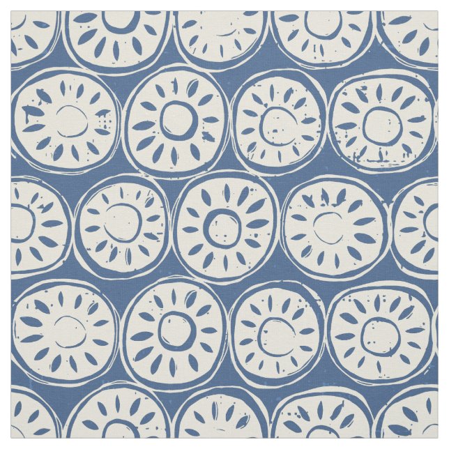 flower block ivory blue fabric (Swatch)