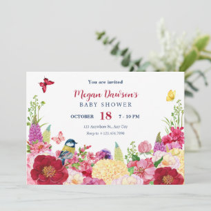 Flower bloom bird butterfly baby shower invitation