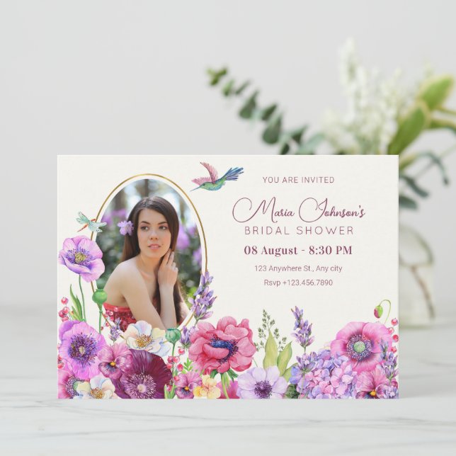 Flower bloom photo bridal shower invitation (Standing Front)