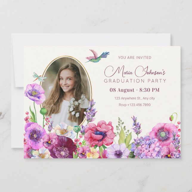 Flower bloom photo graduation invitation (Front)