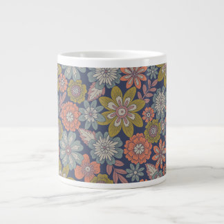 Flower Blooms & Blossoms in Coral, Blue & Green Large Coffee Mug