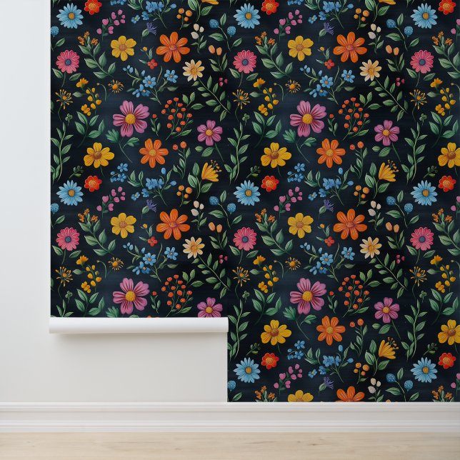 Flower Blossom Pattern Chalk Drawings Black Bckg Wallpaper (Application)