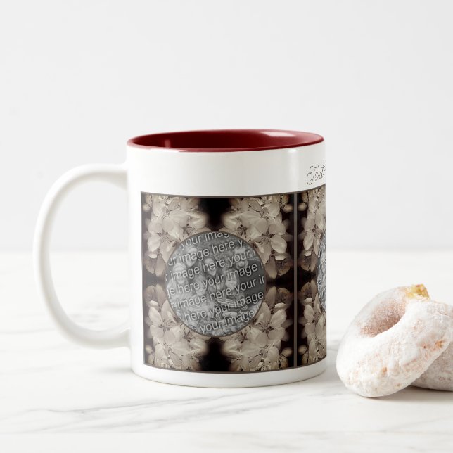 Flower Blossoms Abstract Add Your Photo Two-Tone Coffee Mug (With Donut)