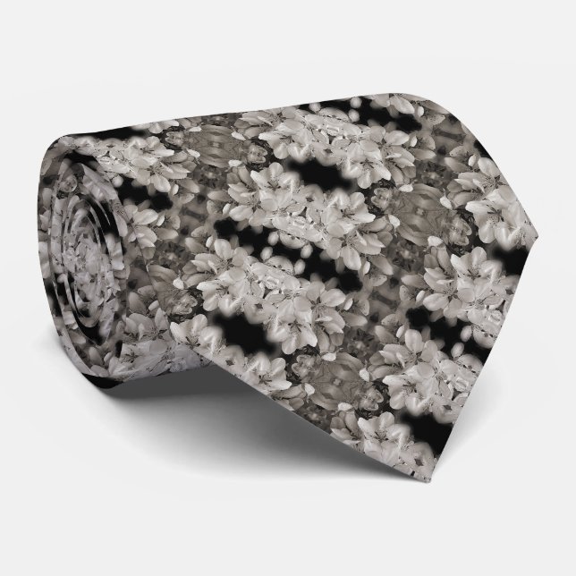Flower Blossoms Black And White Abstract  Tie (Rolled)