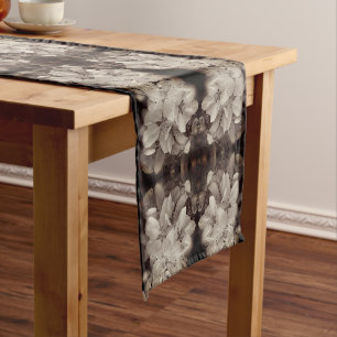 Flower Blossoms Black And White Abstract Tint  Short Table Runner