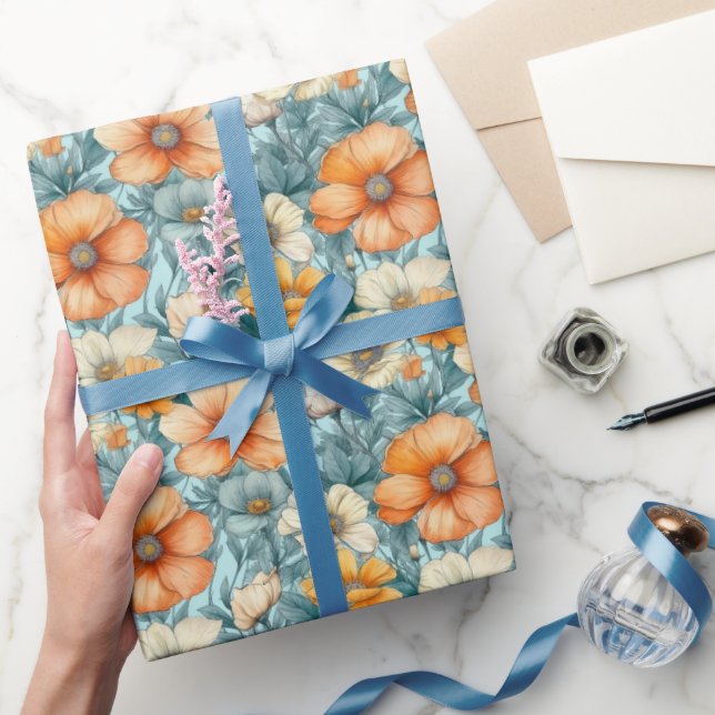 Flower Blue Orange Wrapping Paper (Gifting)