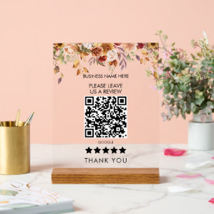 Flower Border Please Leave Us A Review QR Code Acrylic Sign
