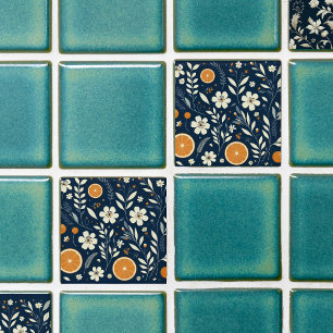 flower botanical blue tile