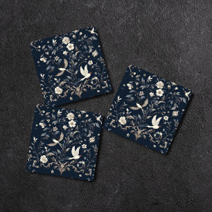 flower botanical blue tile