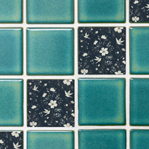 flower botanical blue tile