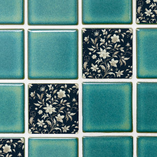 flower botanical blue tile