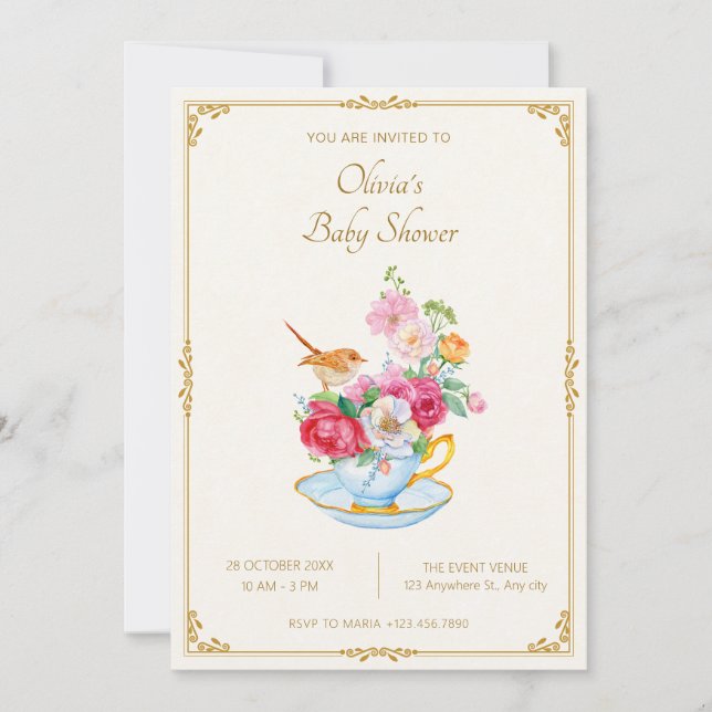 Flower bouquet aesthetic tea cup baby shower invitation (Front)