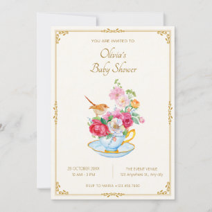 Flower bouquet aesthetic tea cup baby shower invitation