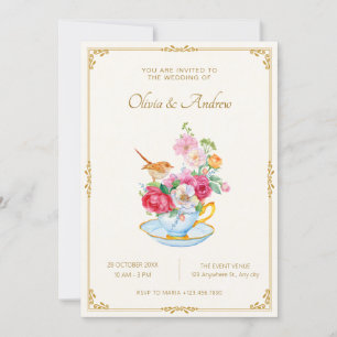 Flower bouquet aesthetic tea cup wedding invitation