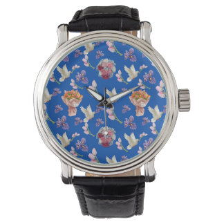 Flower bouquet and flying white dove watch