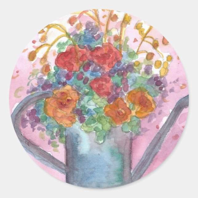 Flower Bouquet Antique Watering Can Classic Round Sticker (Front)