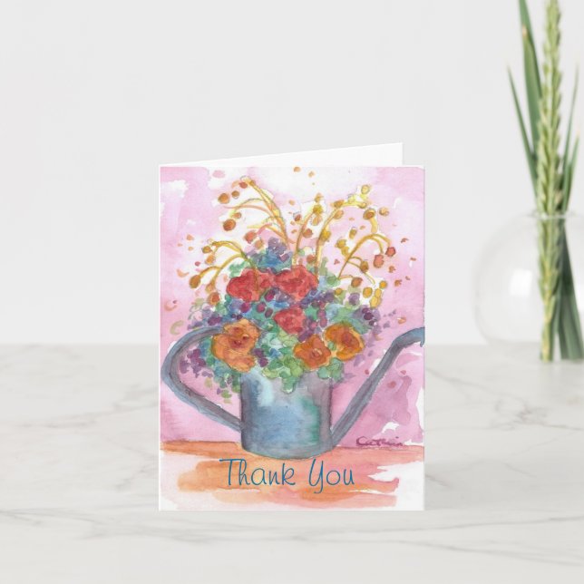Flower Bouquet Antique Watering Can Thank You Card (Front)