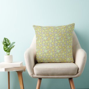 Flower Bouquet Daisy Meadow Grey Yellow Turquoise  Cushion