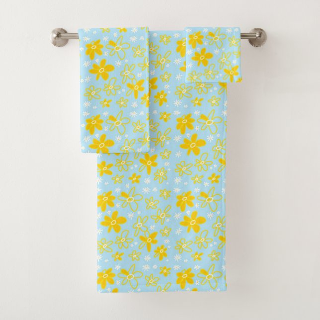 Flower Bouquet Daisy Meadow Sky Yellow White Bath Towel Set (Insitu)