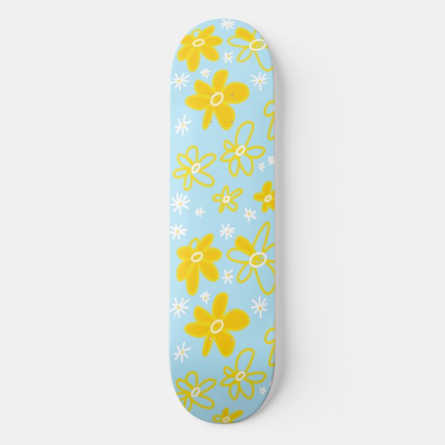 Flower Bouquet Daisy Meadow Sky Yellow White Skateboard (Front)
