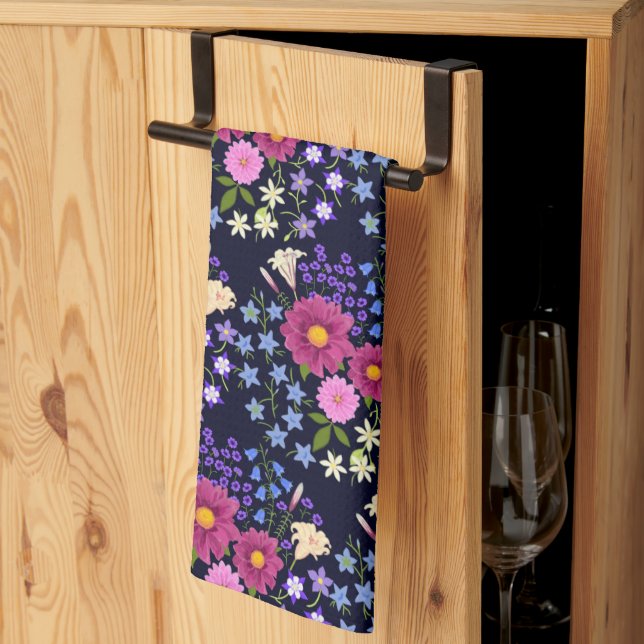 Flower Bouquet Dark Blue Tea Towel (Thirds Fold)