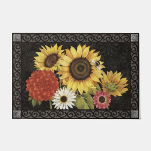 Flower Bouquet Door Mat, Retro Black Doormat