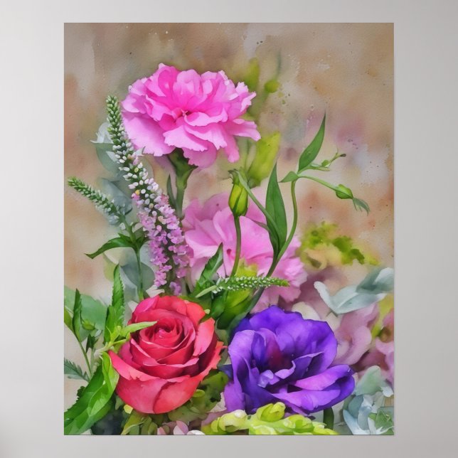 Flower Bouquet Floral Watercolor Style Art Poster (Front)
