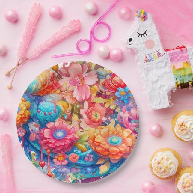 Flower Bouquet in Pink Orange & Blue Boho Paper Plate (Party)