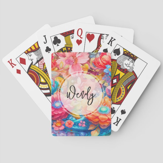 Flower Bouquet in Pink Orange & Blue Boho Playing Cards (Back)
