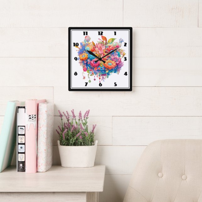 Flower Bouquet in Pink Orange & Blue Boho Square Wall Clock (Reading Room)