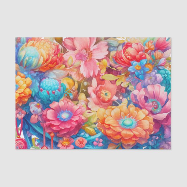 Flower Bouquet in Pink Orange & Blue Boho Tissue Paper (Front)