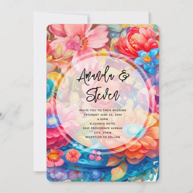 Flower Bouquet in Pink Orange & Blue Boho Wedding Invitation (Front)