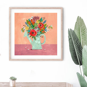 Flower bouquet in watering can pink  poster