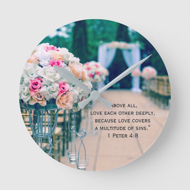 Flower Bouquet Love and Wedding Aisle Bible Verse Round Clock (Front)