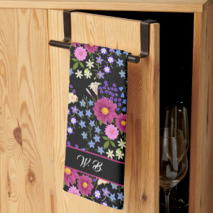 Flower Bouquet Monogram Black Tea Towel