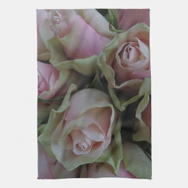 Flower Bouquet of Pink Green Roses Tea Towel (Vertical)