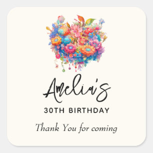 Flower Bouquet Orange & Blue Birthday Thank You Square Sticker