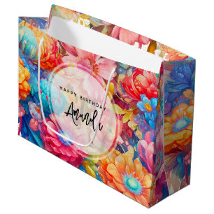 Flower Bouquet Orange & Blue Boho Birthday Large Gift Bag
