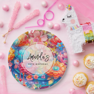 Flower Bouquet Orange & Blue Boho Birthday Paper Plate